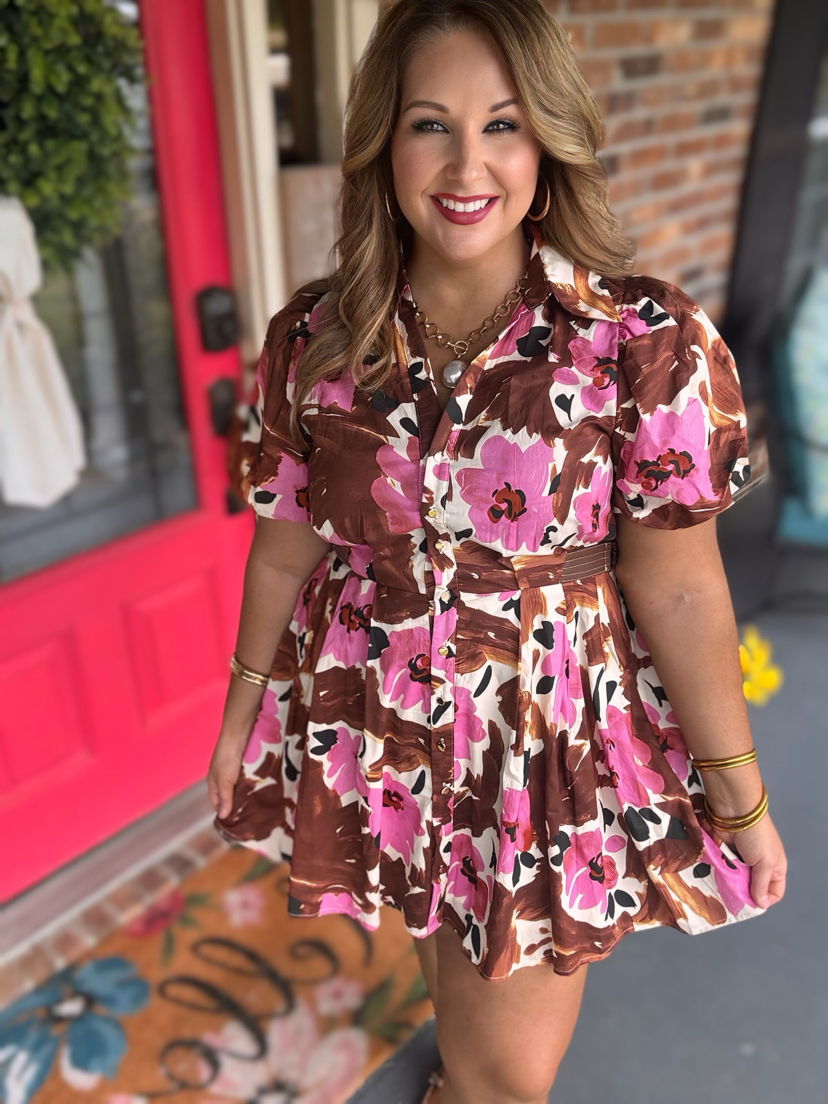 Entro Brown & Pink Floral Puff Sleeve Mini Dress