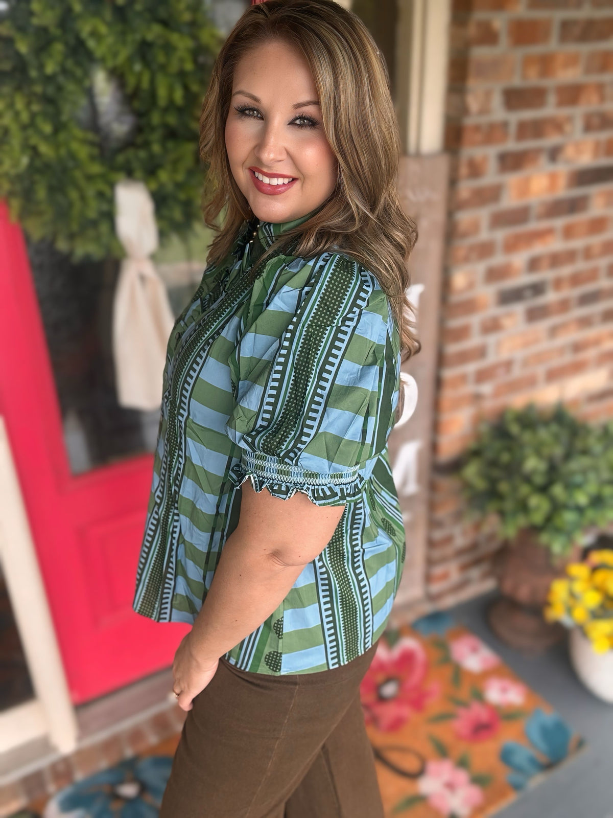 Entro Olive Mixed Print Puff Sleeve Button-Front Top