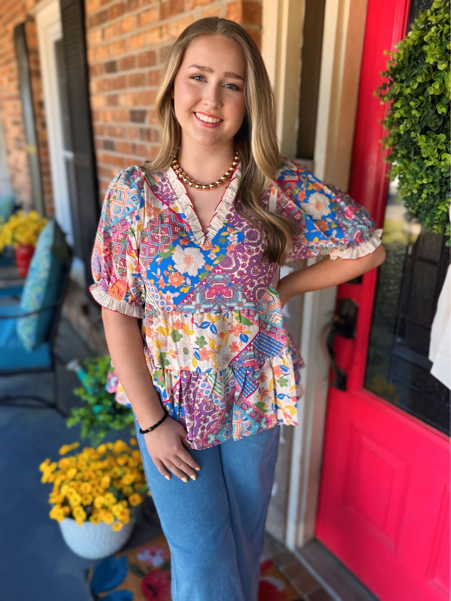 PATCHWORK PRINTED BABYDOLL TOP