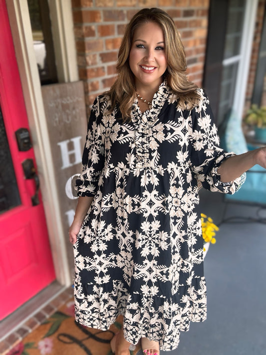 Umgee Black & Cream Border Print Ruffle Maxi Dress