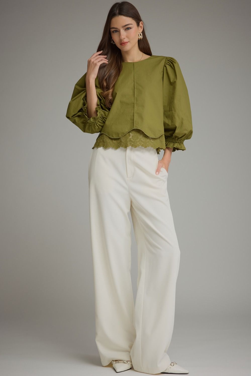 Entro Martini Olive Lace Trim Balloon Sleeve Top