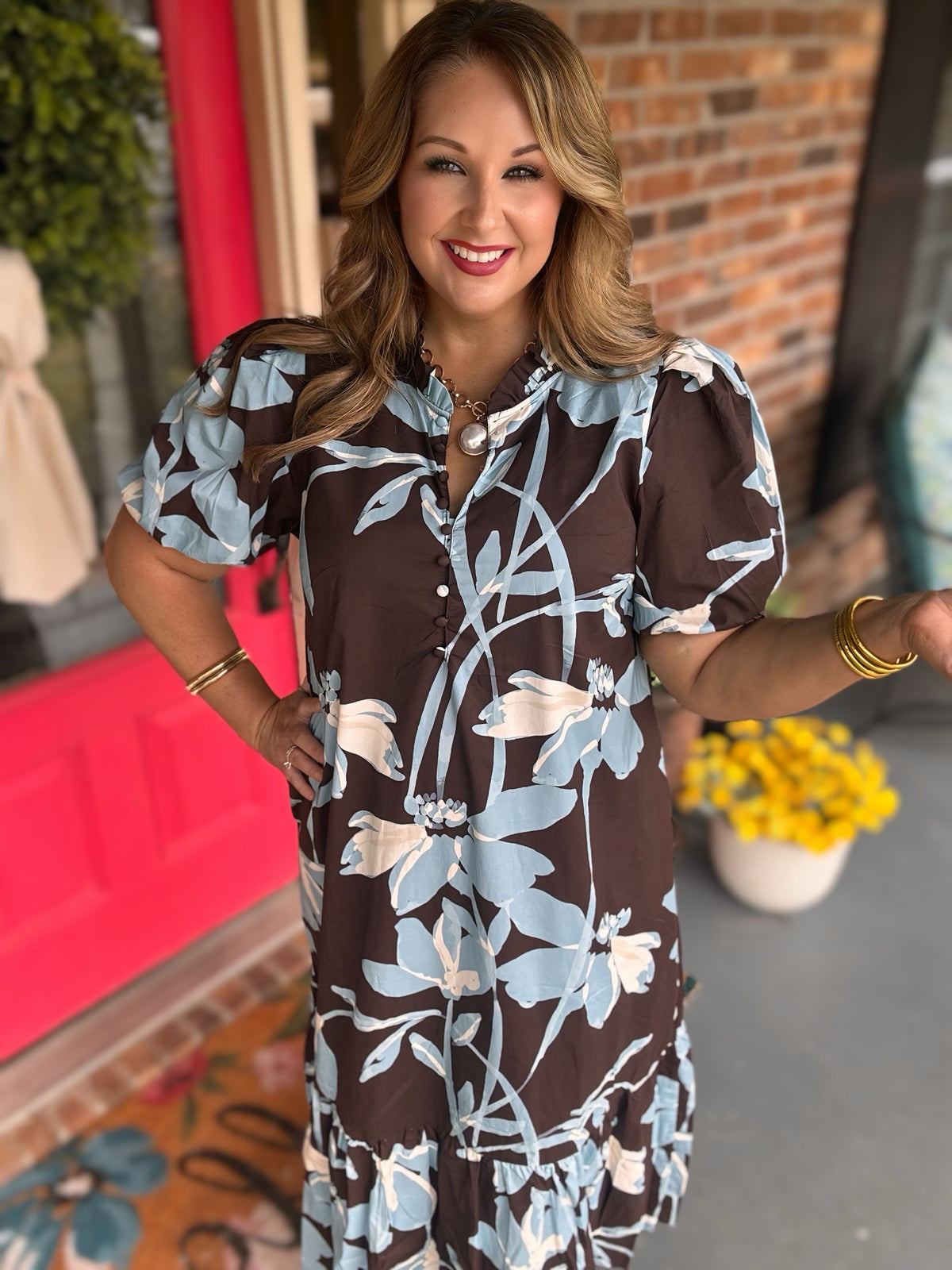 Entro Blue/Brown Floral Puff Sleeve Ruffle Midi Dress