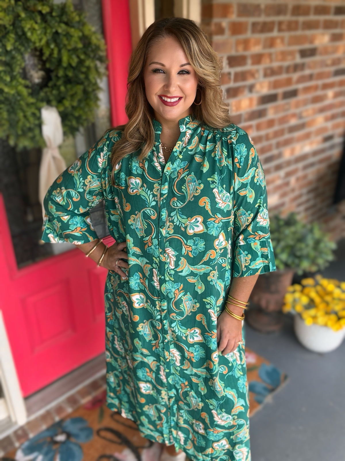 Umgee Hunter Green Paisley Button-Front Maxi Shirt Dress