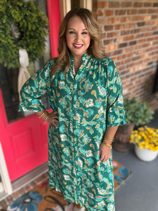 Umgee Hunter Green Paisley Button-Front Maxi Shirt Dress