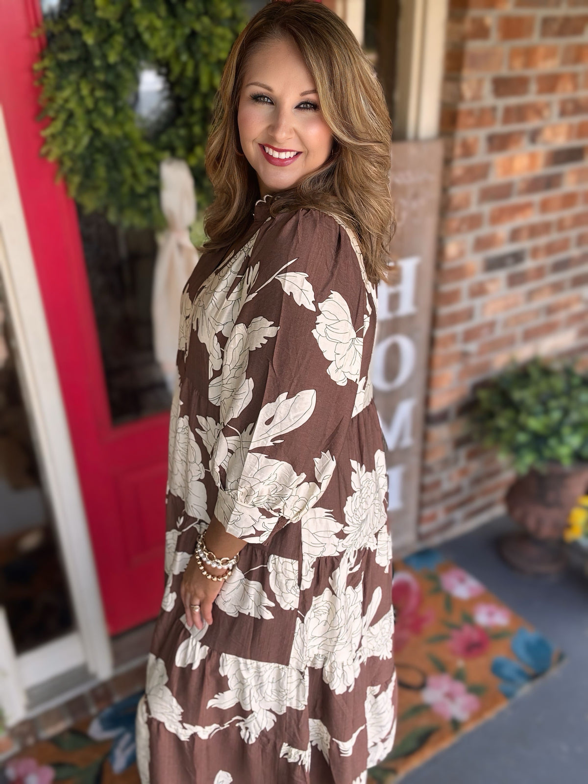 Umgee Brown Floral Tiered Maxi Dress with Ruffle Collar