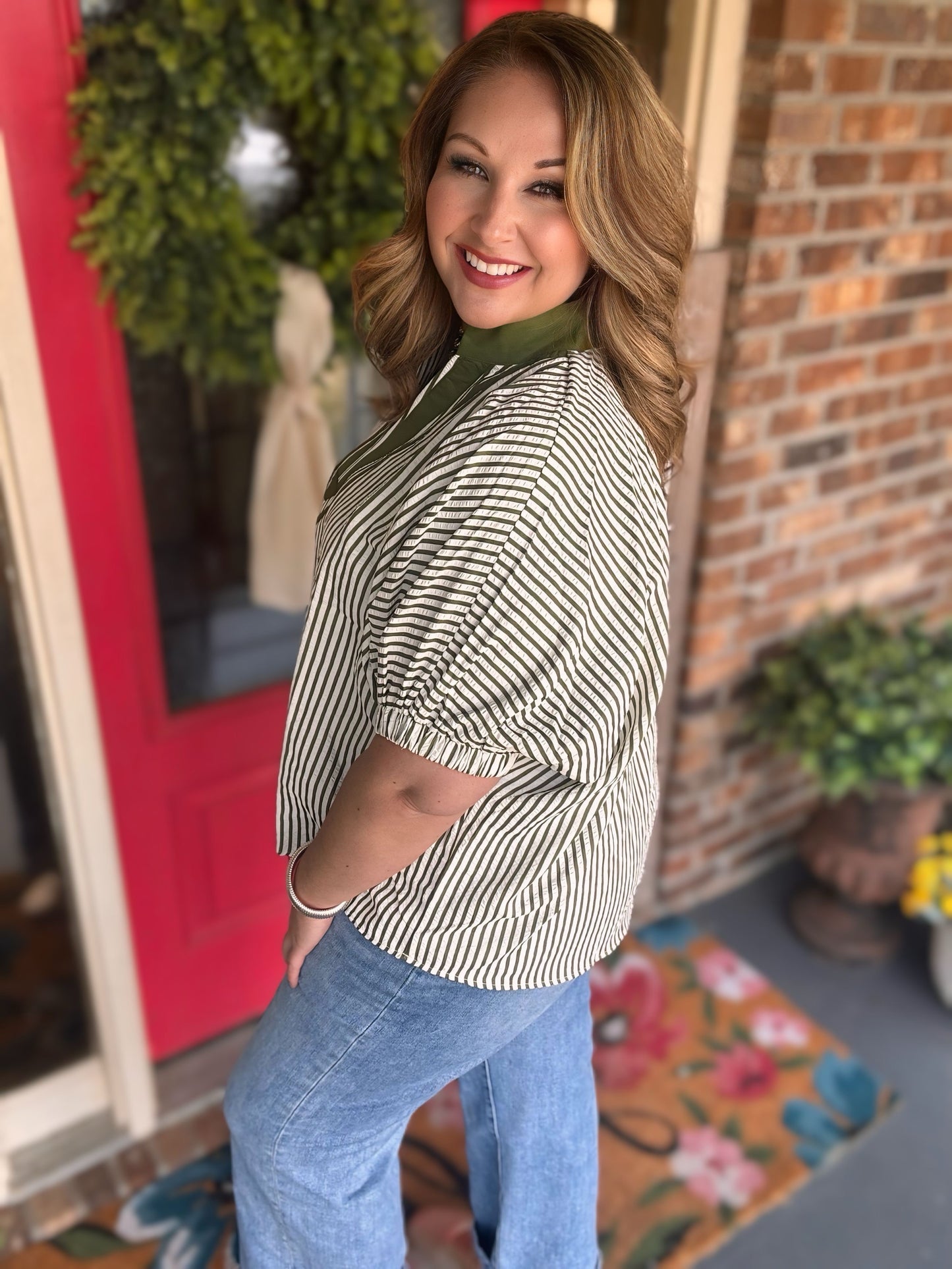 Entro Olive Striped Split Neck Top