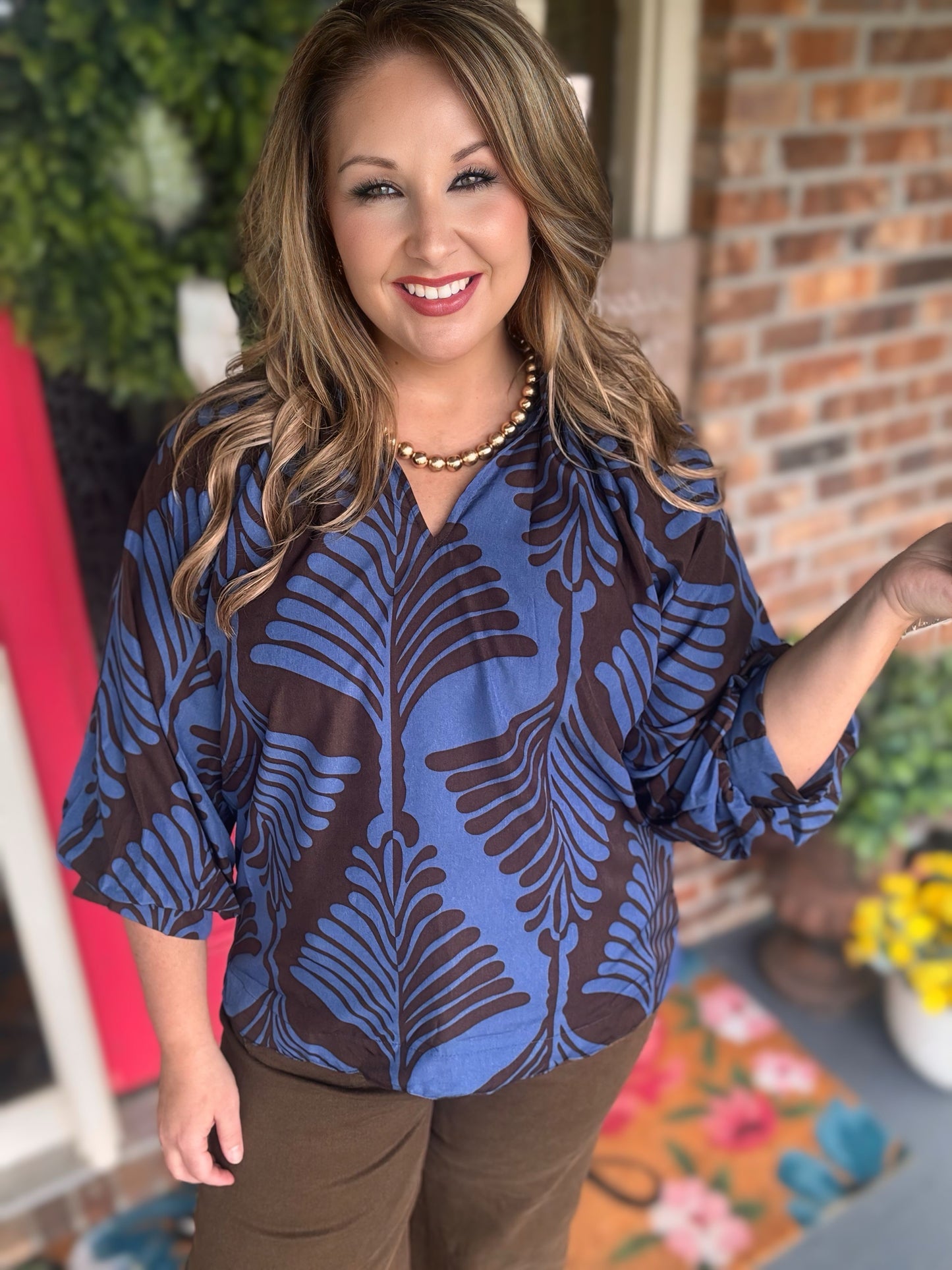 Umgee Slate Blue Abstract Leaf Print V-Neck Blouse