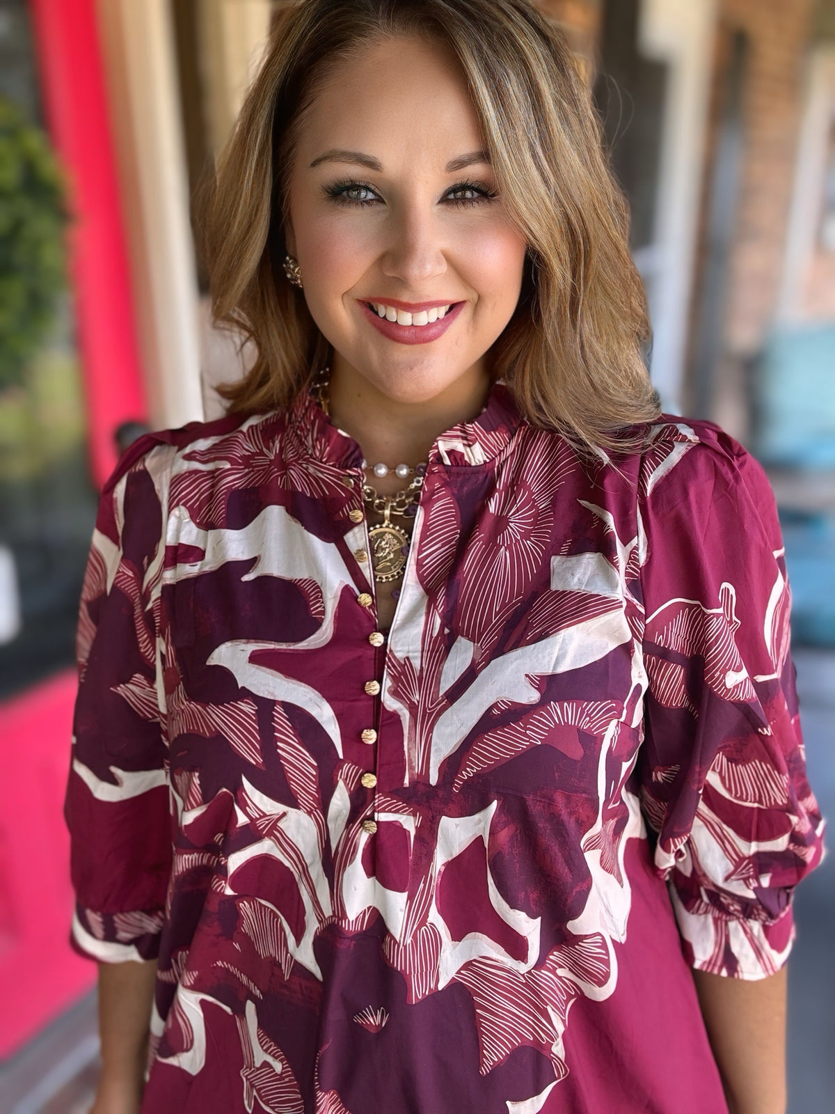 Entro Burgundy Floral Print Puff Sleeve Midi Dress
