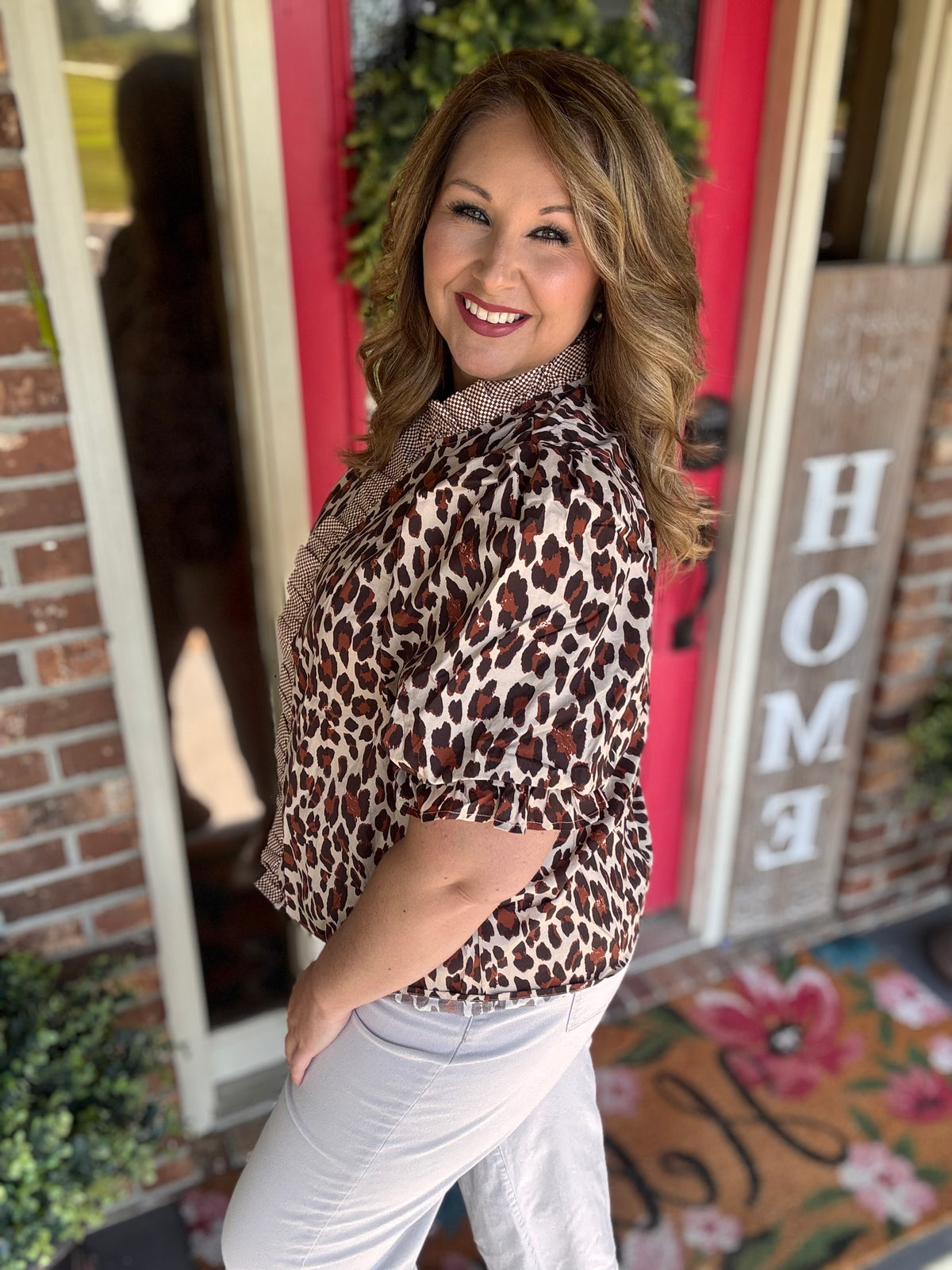 Entro Ecru Leopard Ruffle Trim Puff Sleeve Top