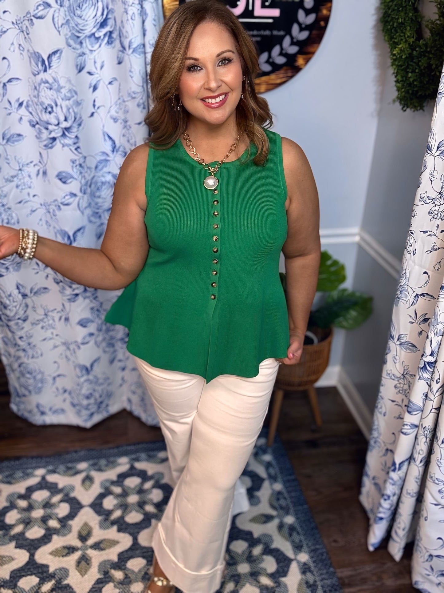 Entro Green Sleeveless Front Button Peplum Top