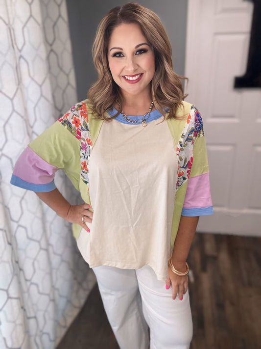 Color Block Top with Mixed Floral Print Design in Oatmeal, Green, Periwinkle