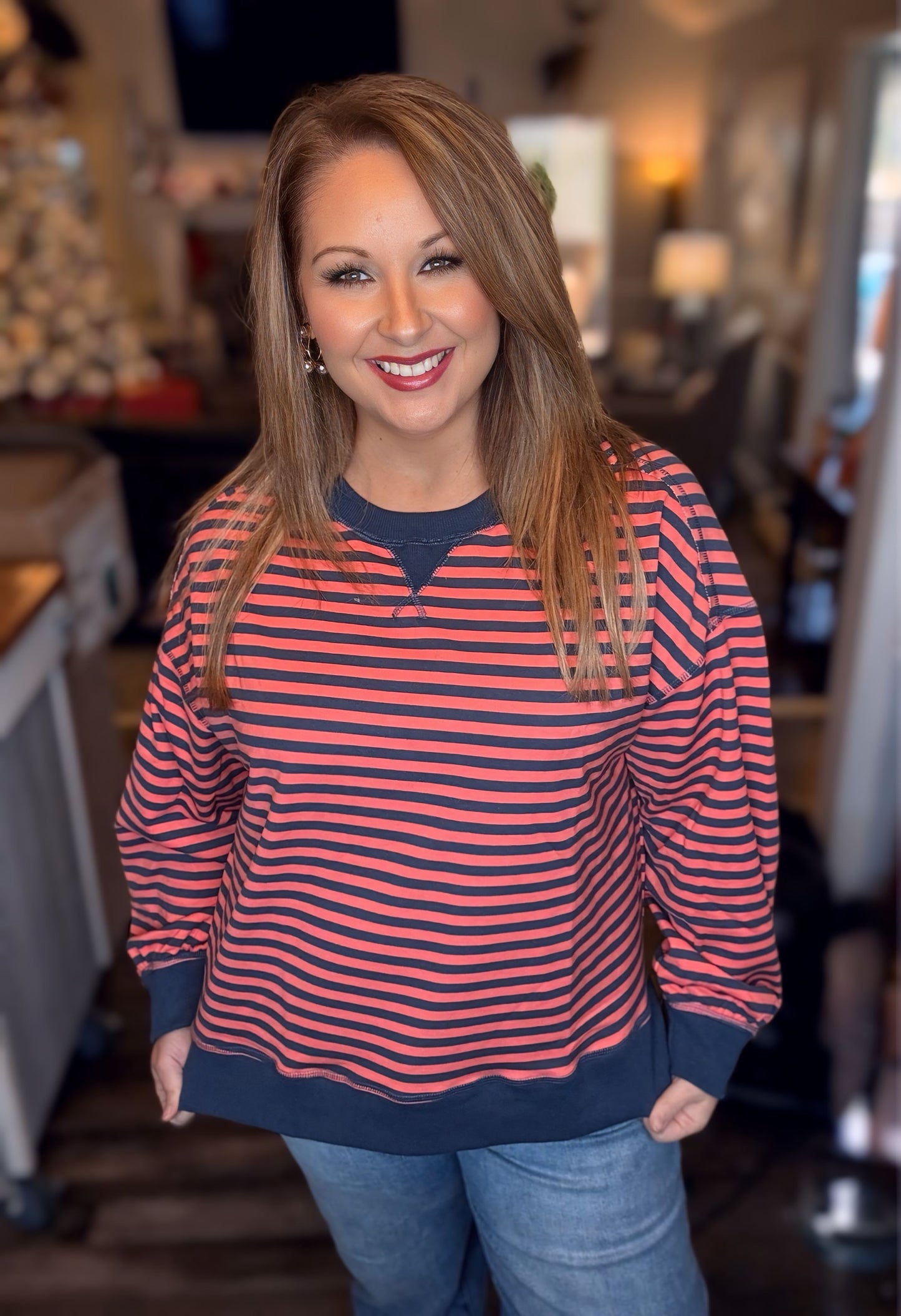 Navy/Coral Stripe Oversized Knit Top