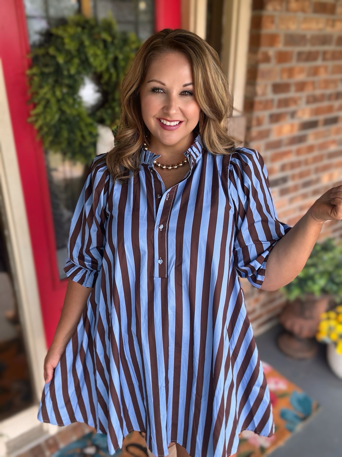 Entro Striped Mini Dress Blue Brown