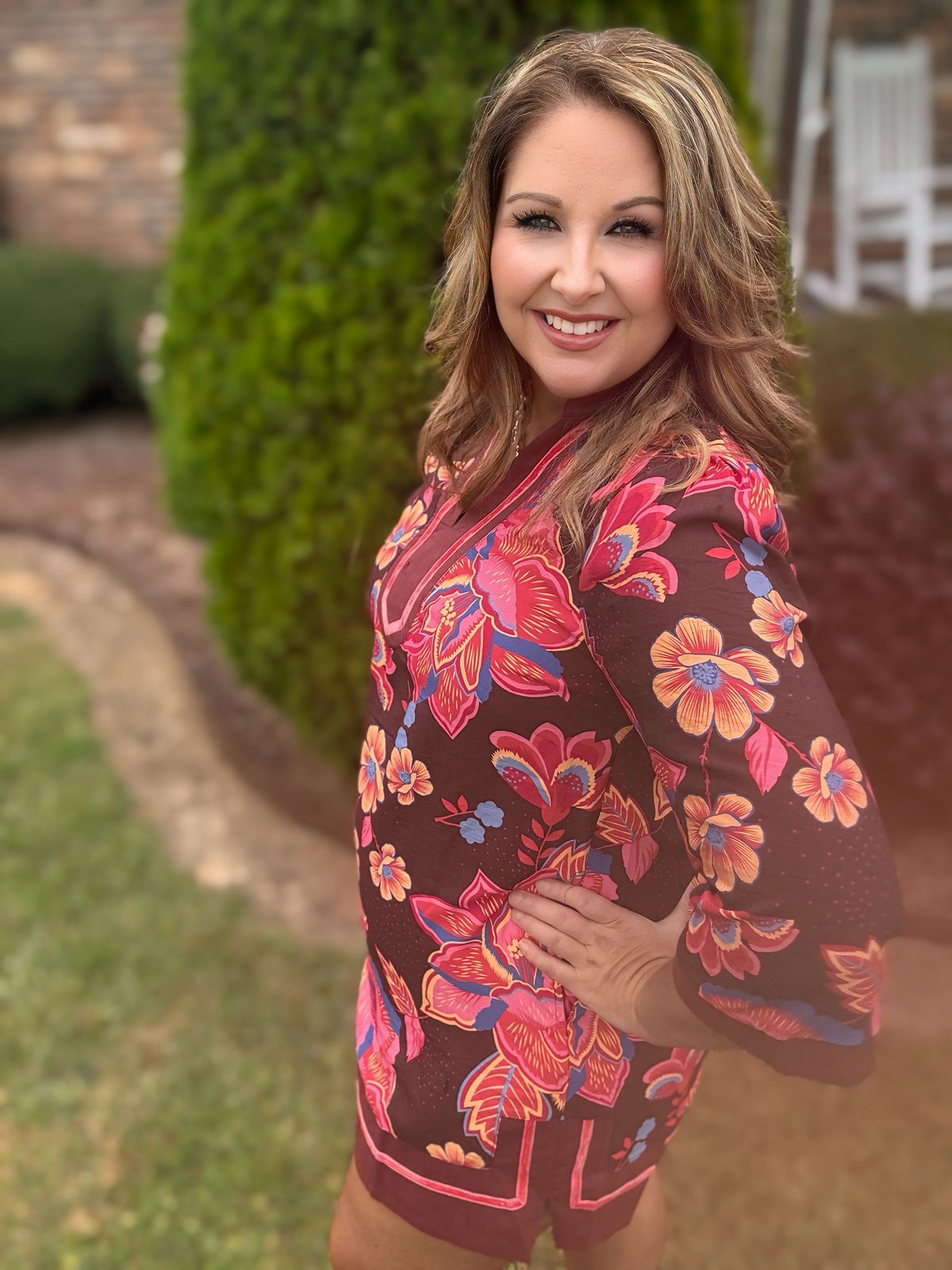 Jewel-Tone Floral Contrast Trim Dress