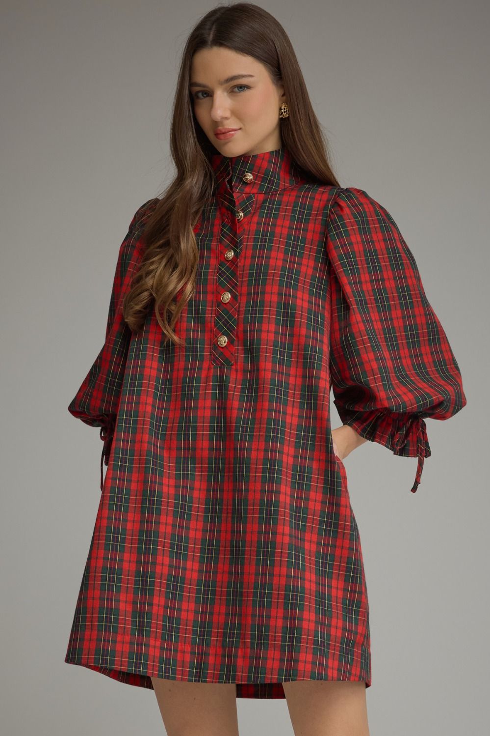 Entro Holiday Plaid Balloon Sleeve Mini Dress – Red