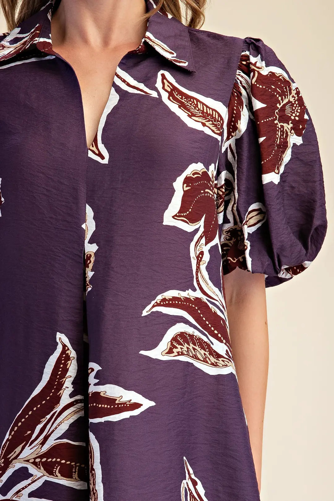 Plum Autumn Print Puff Sleeve Midi Dress