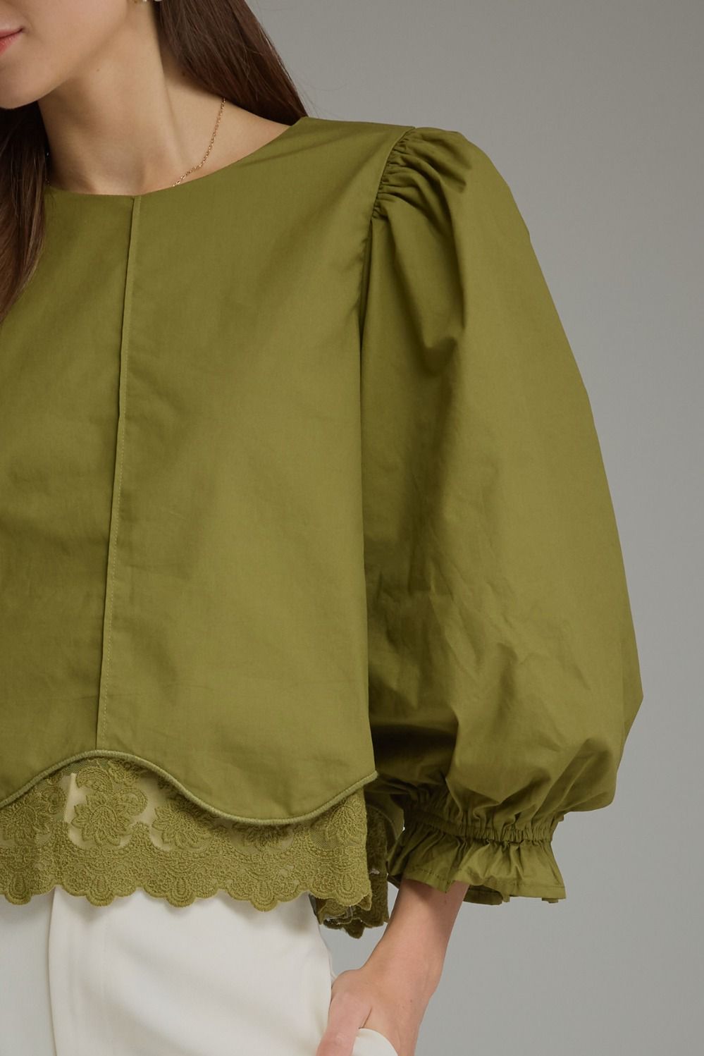 Entro Martini Olive Lace Trim Balloon Sleeve Top