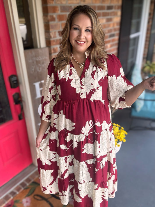 Umgee Burgundy Floral Tiered Maxi Dress