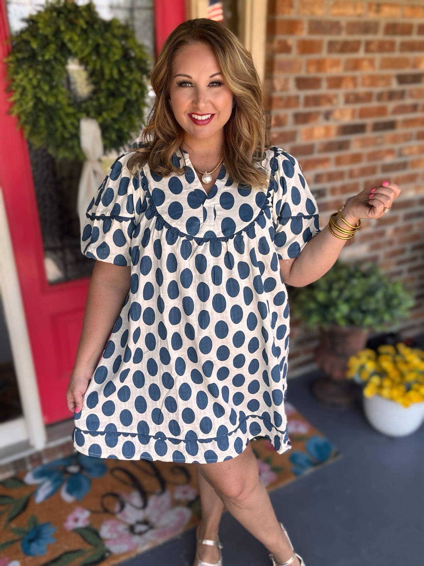 Blue Easel POLKA DOTS LINEN MINI DRESS