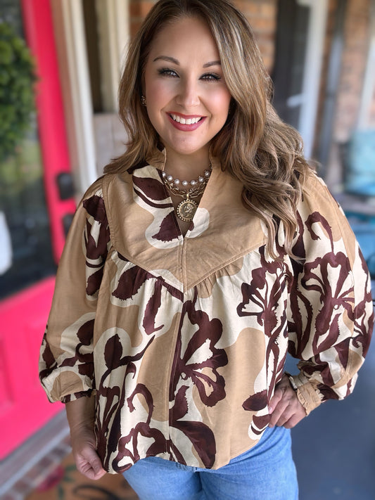 Entro Sand Floral Balloon Sleeve Top