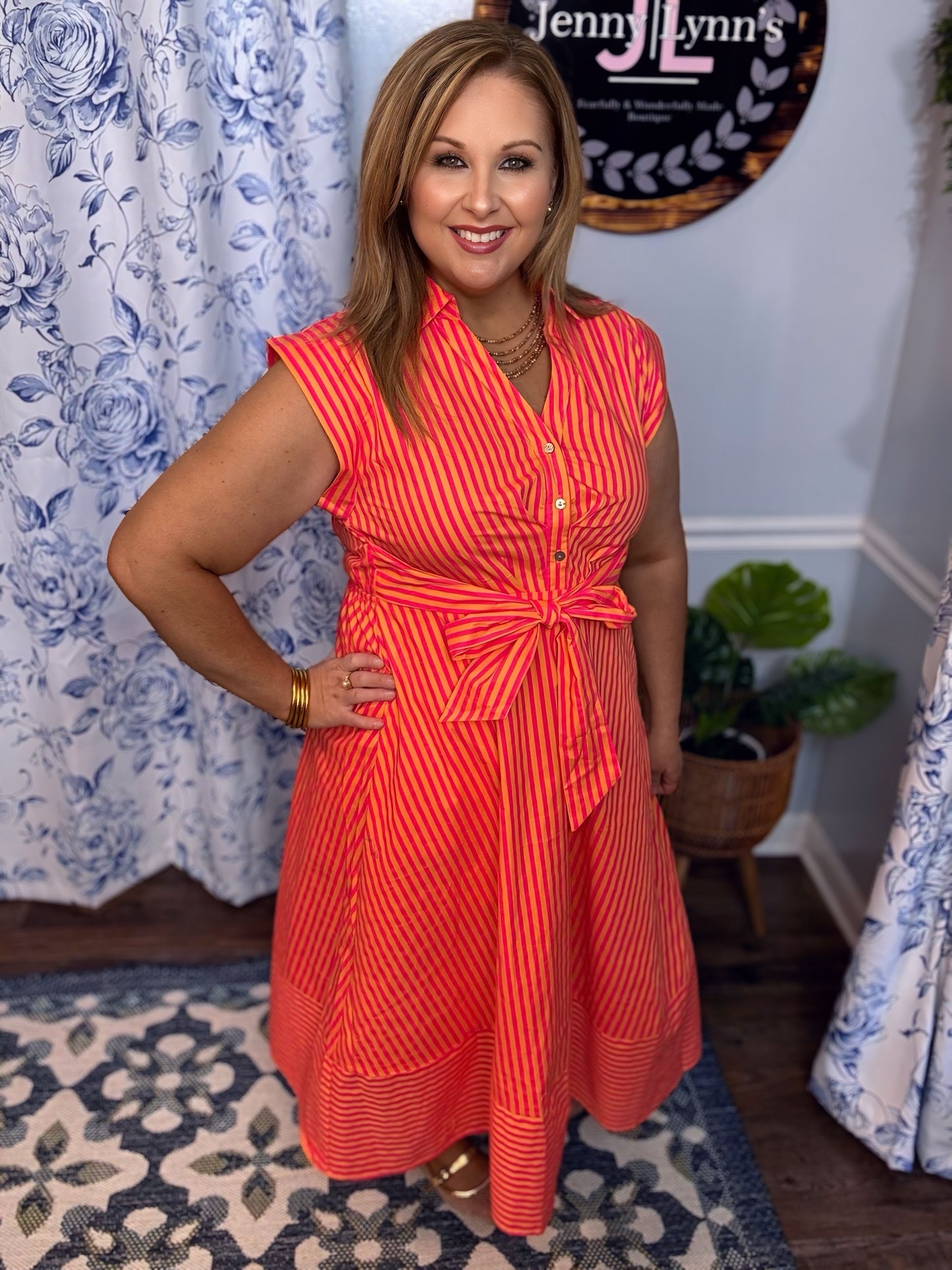 Pink Entro Striped Midi Dress Bow Detail