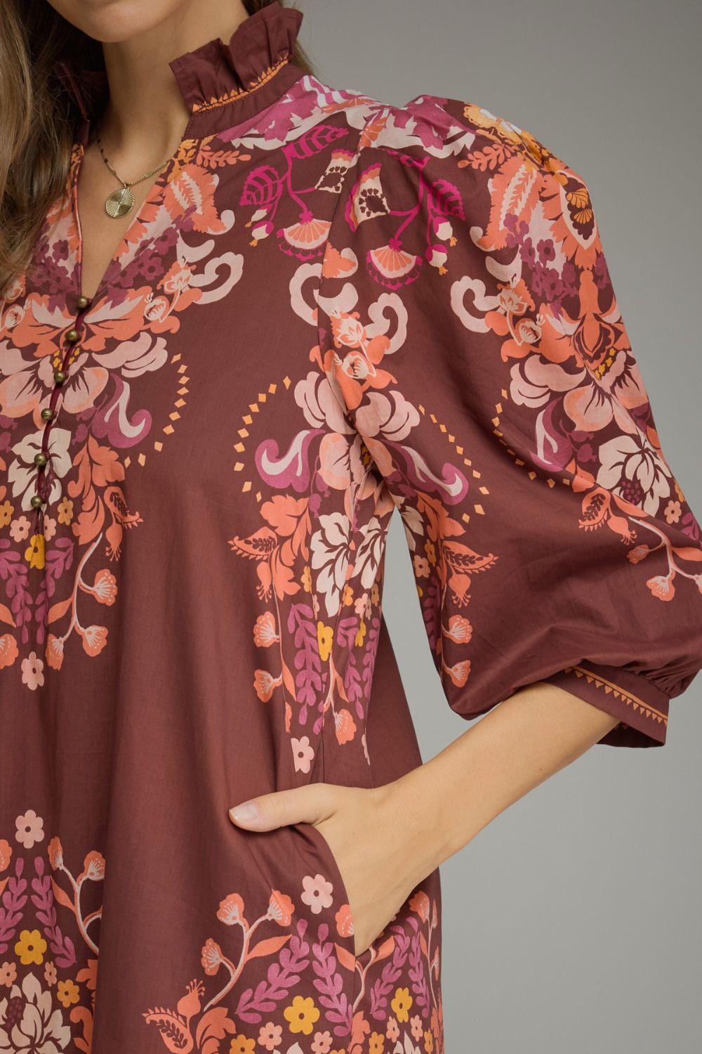 Entro Burgundy Border Floral Print Midi Dress