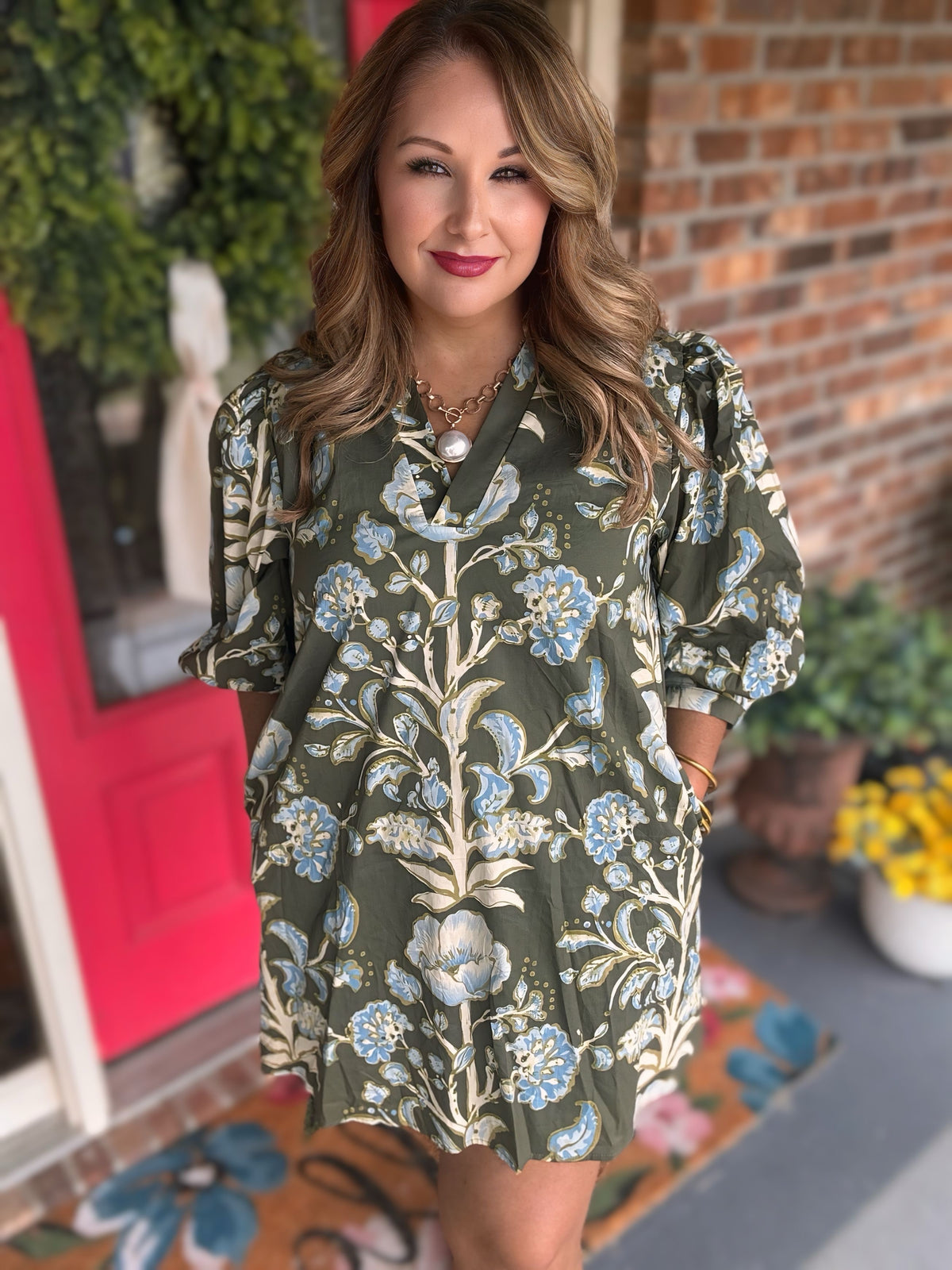 Entro Olive Floral Puff Sleeve Mini Dress