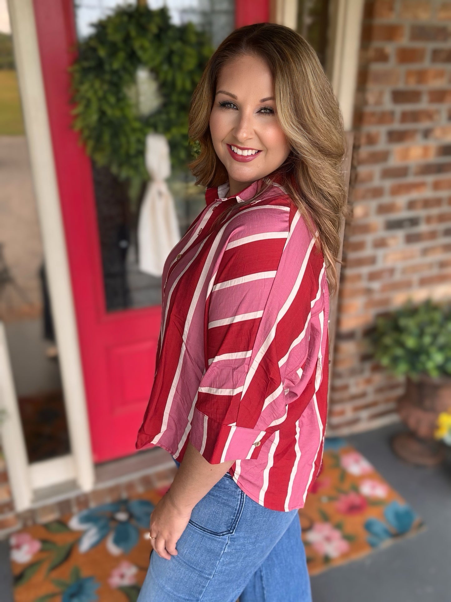 Entro Striped Rust/Pink Button Up Top