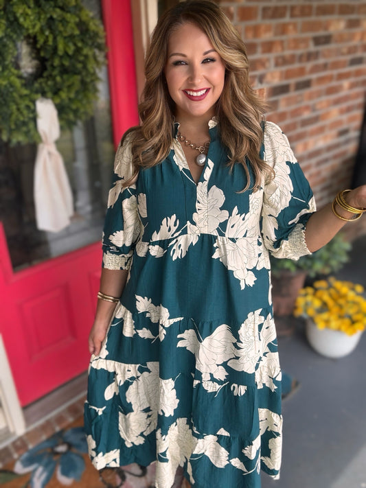 Umgee Teal Floral Tiered Maxi Dress