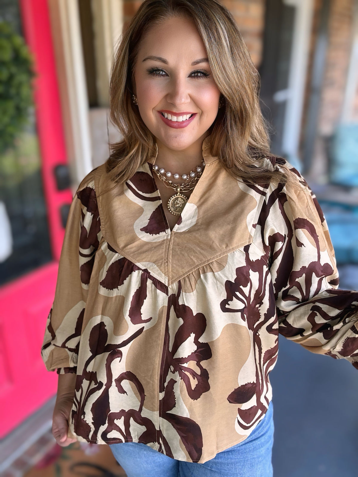 Entro Sand Floral Balloon Sleeve Top