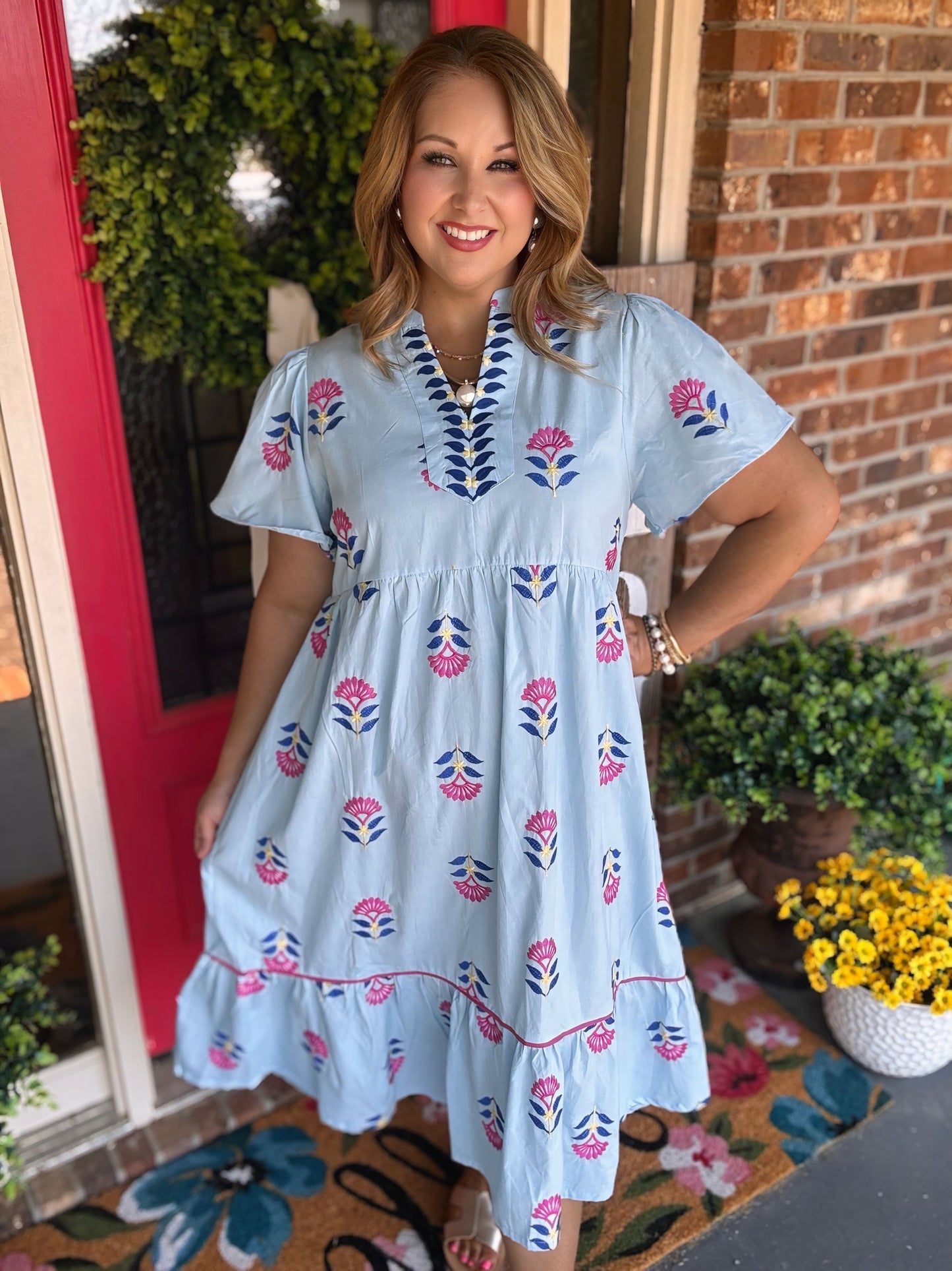 Embroidered Tiered Midi Dress