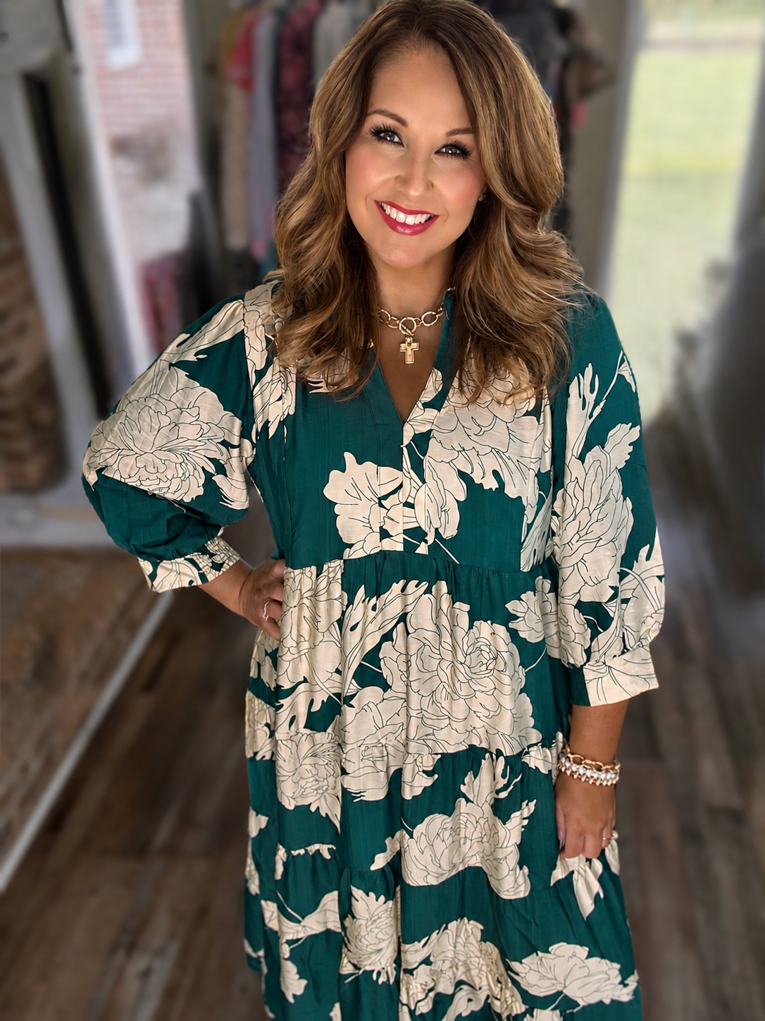 Umgee Teal Floral Tiered Maxi Dress