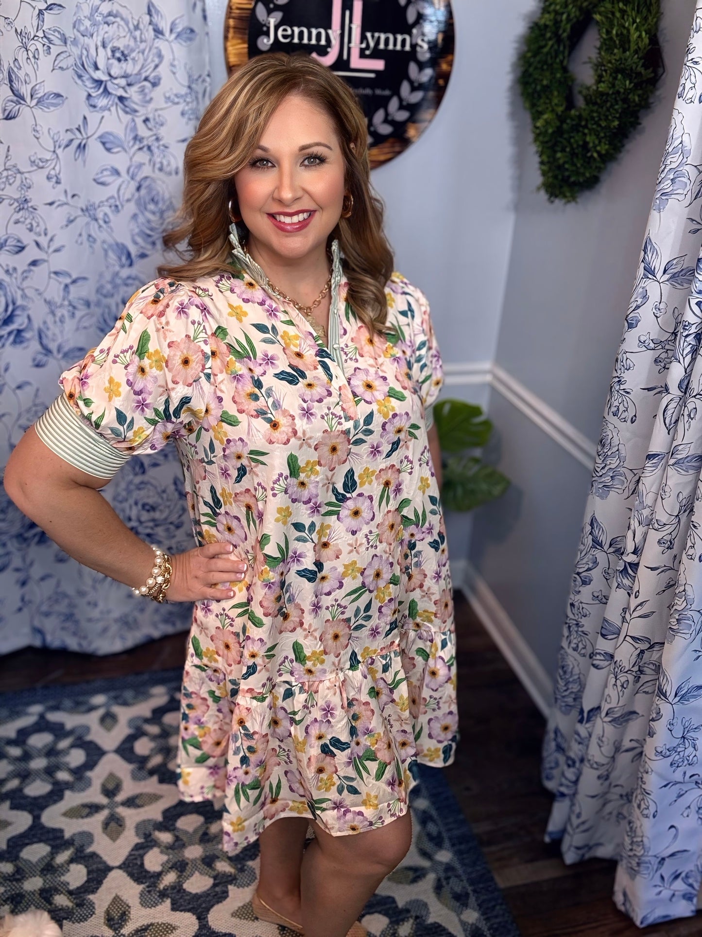 Umgee Plus Floral Ruffle Collar  Babydoll Dress