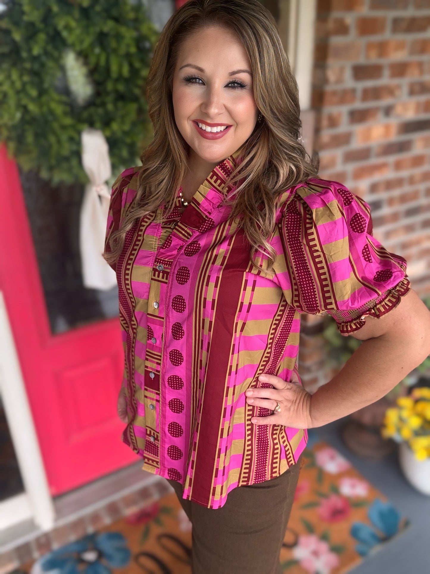 Entro Plum Mixed Print Ruffle Puff Sleeve Top