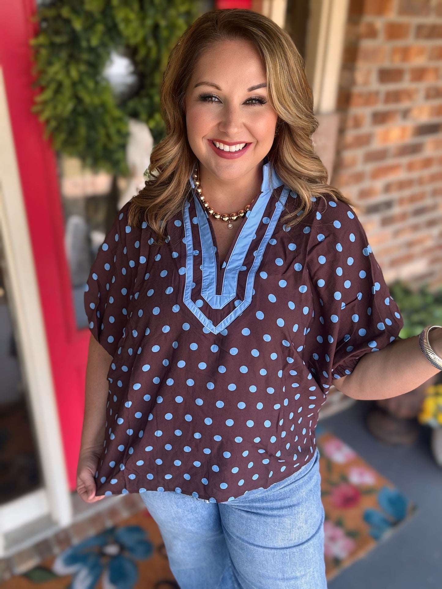 Entro Brown Blue Polka Dot Top