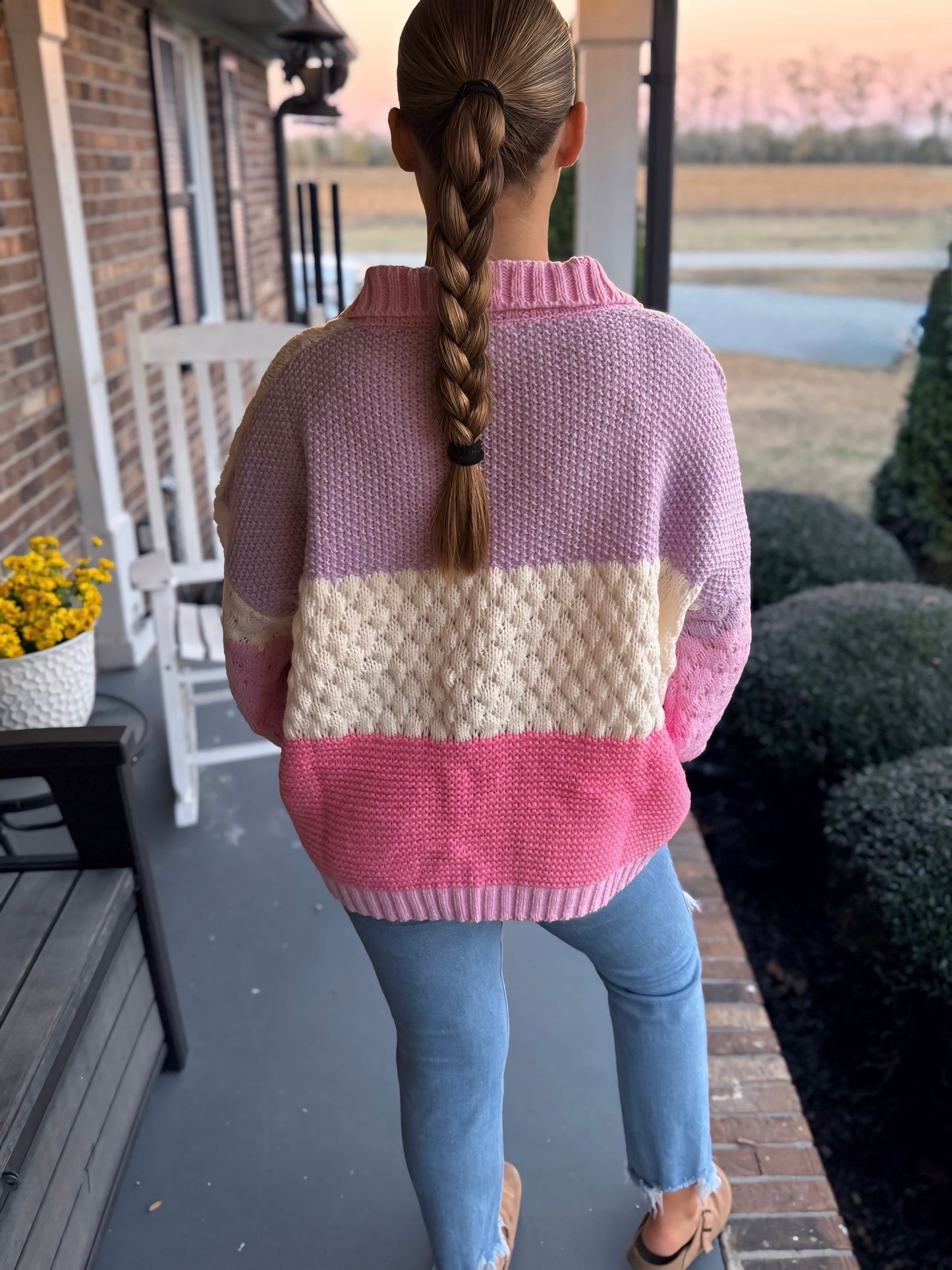 Long Sleeve Knit Sweater Top with Color Block