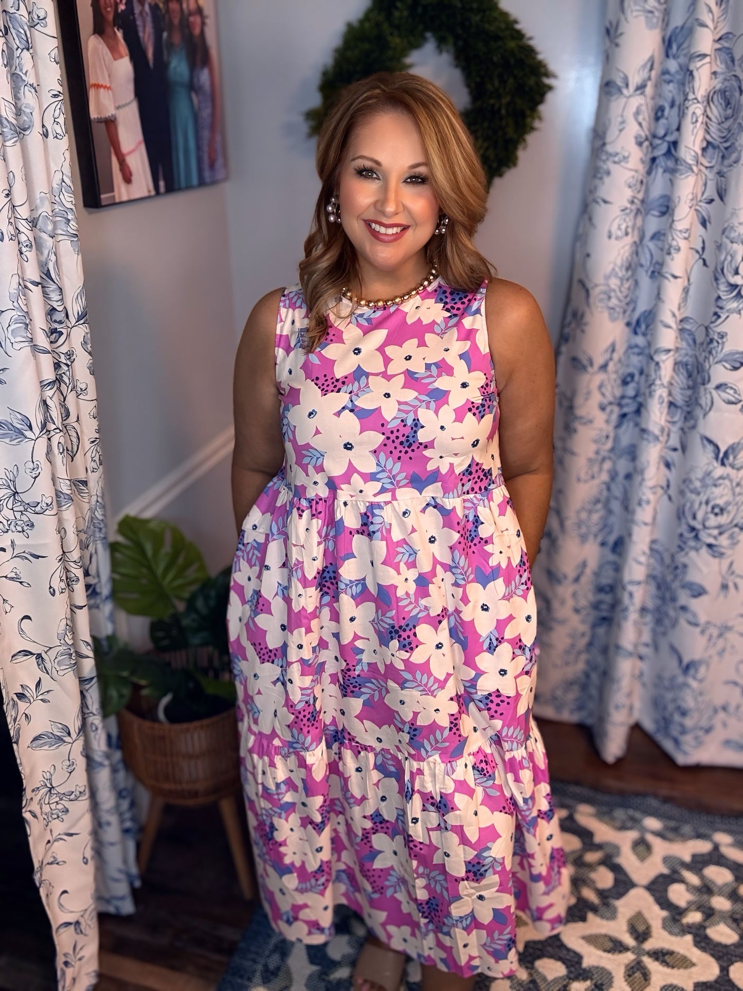 Lavender FLORAL POPLIN MIDI DRESS Pink