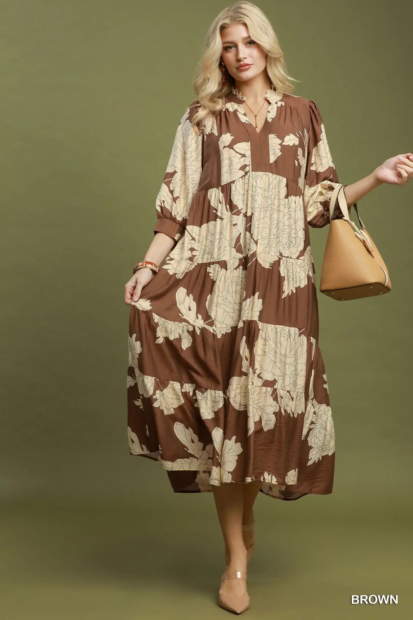 Umgee Brown Floral Tiered Maxi Dress with Ruffle Collar