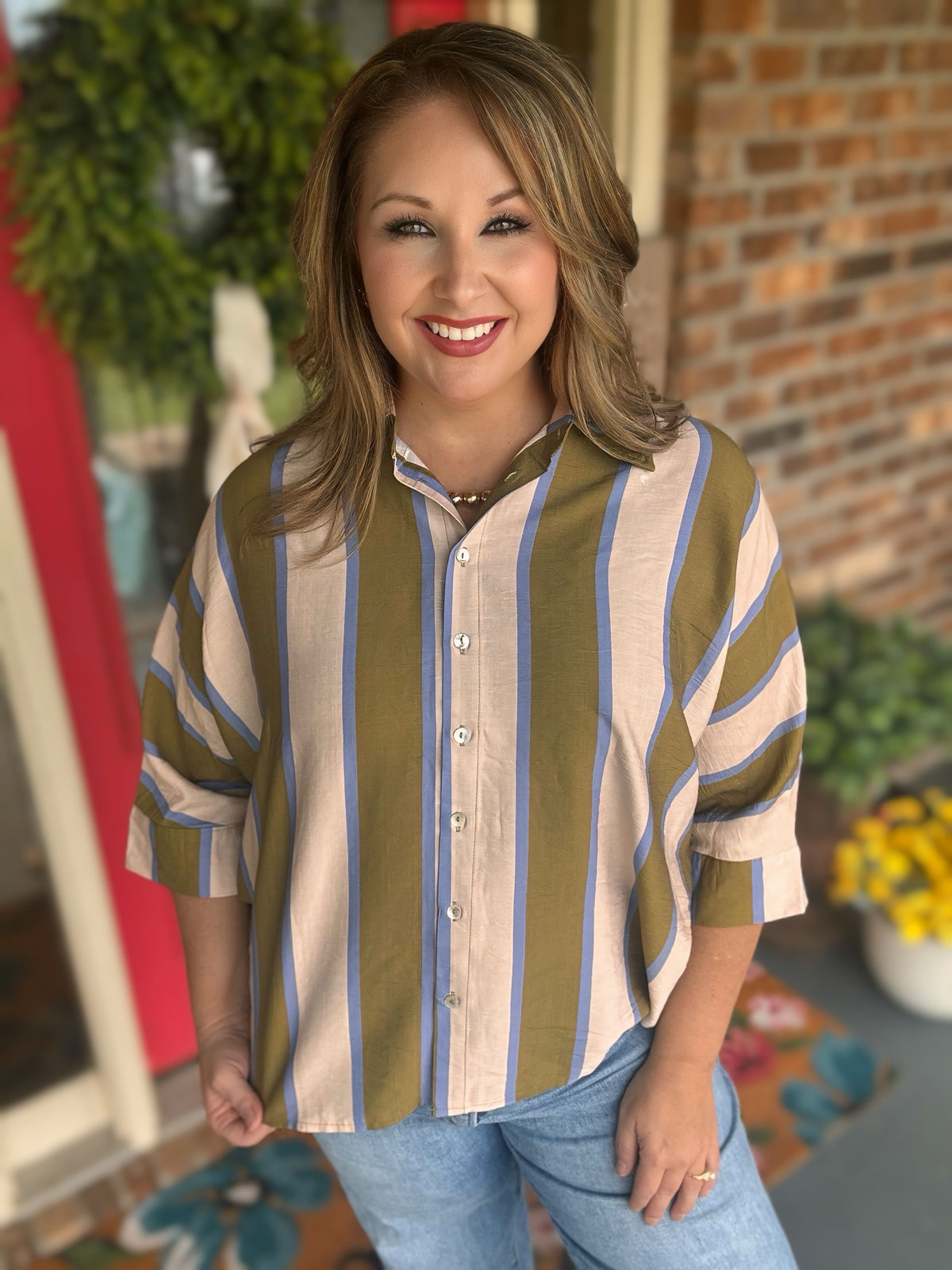 Entro Olive & Blue Striped Dolman Sleeve Top