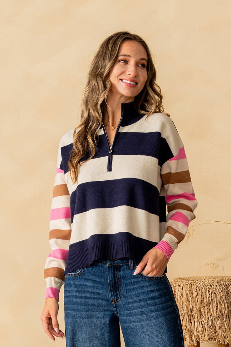 Plus/Reg Striped Sleeve Zip Sweater Top