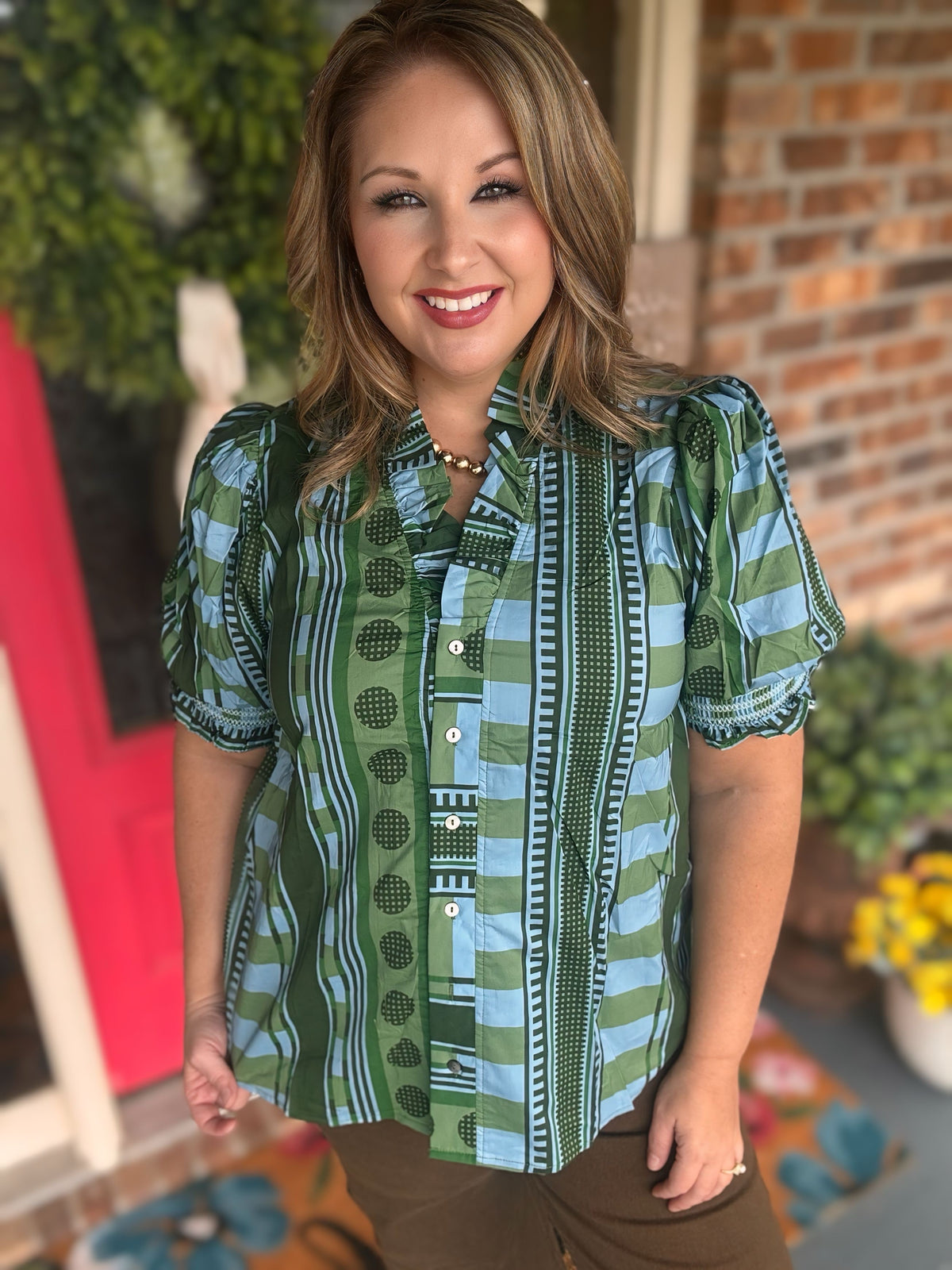 Entro Olive Mixed Print Puff Sleeve Button-Front Top