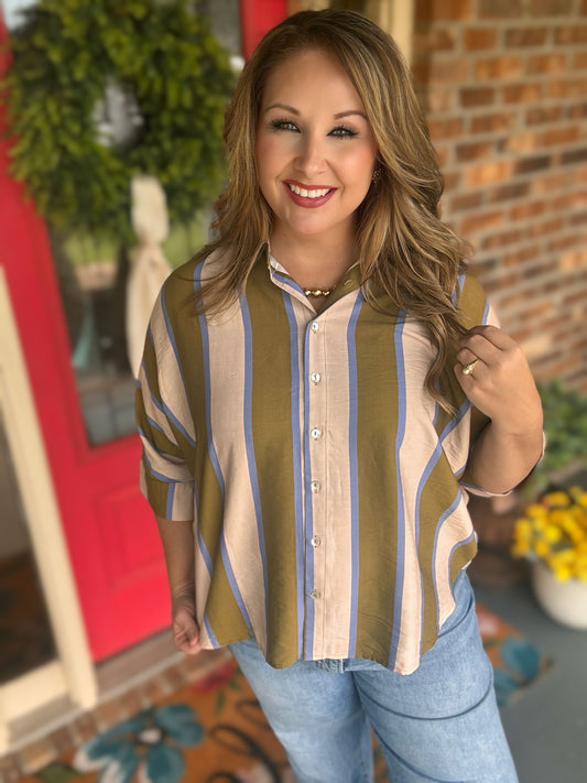 Entro Olive & Blue Striped Dolman Sleeve Top