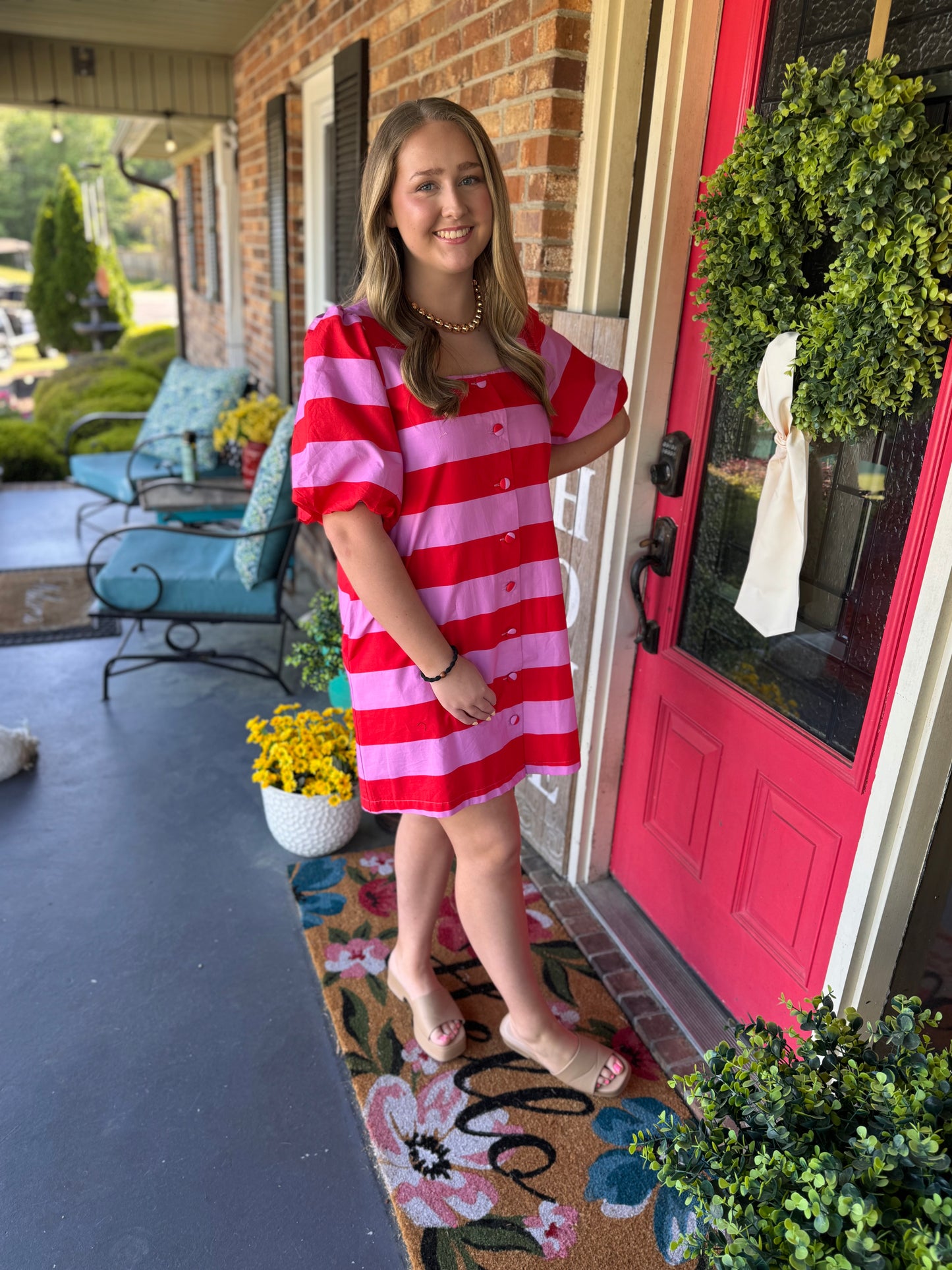 Entro Red/Pink Striped Puff Sleeve Mini Dress