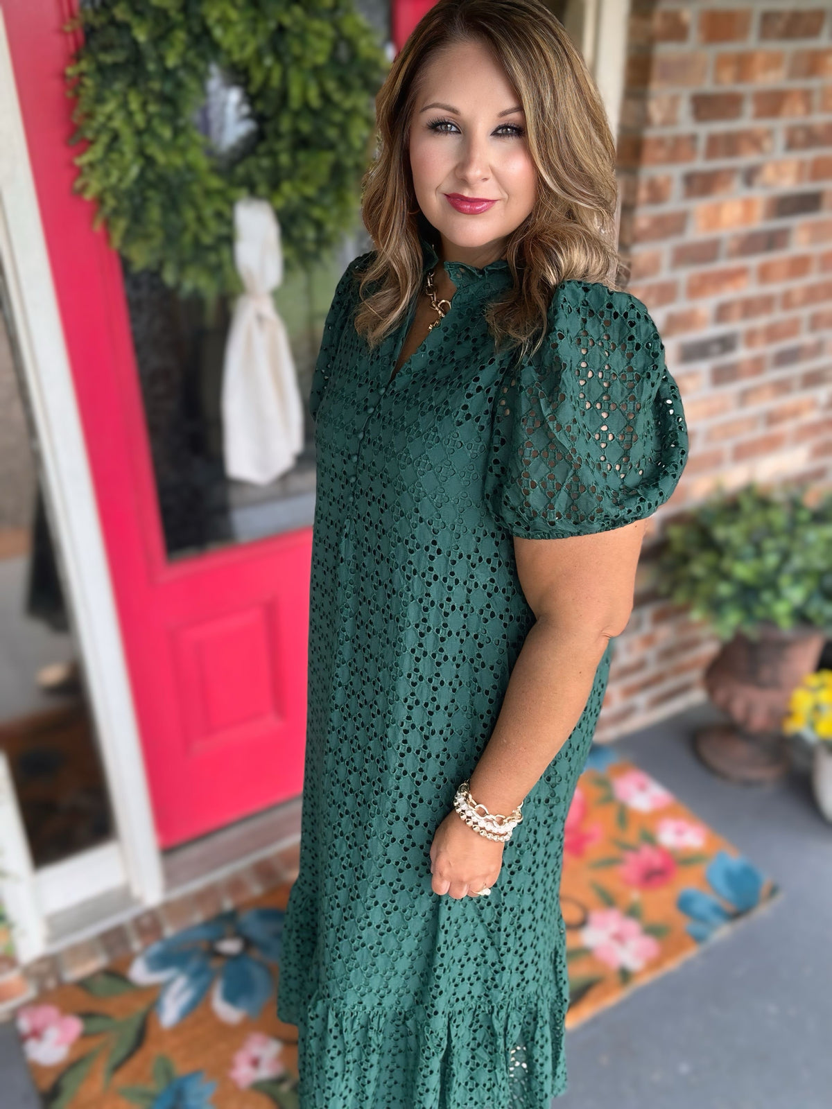 Entro Hunter Green Eyelet Ruffle Hem Midi Dress with Pockets