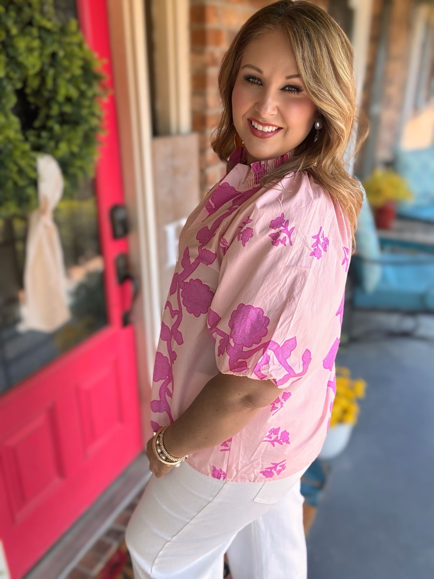 Umgee Pink Print Smocked Collared Top