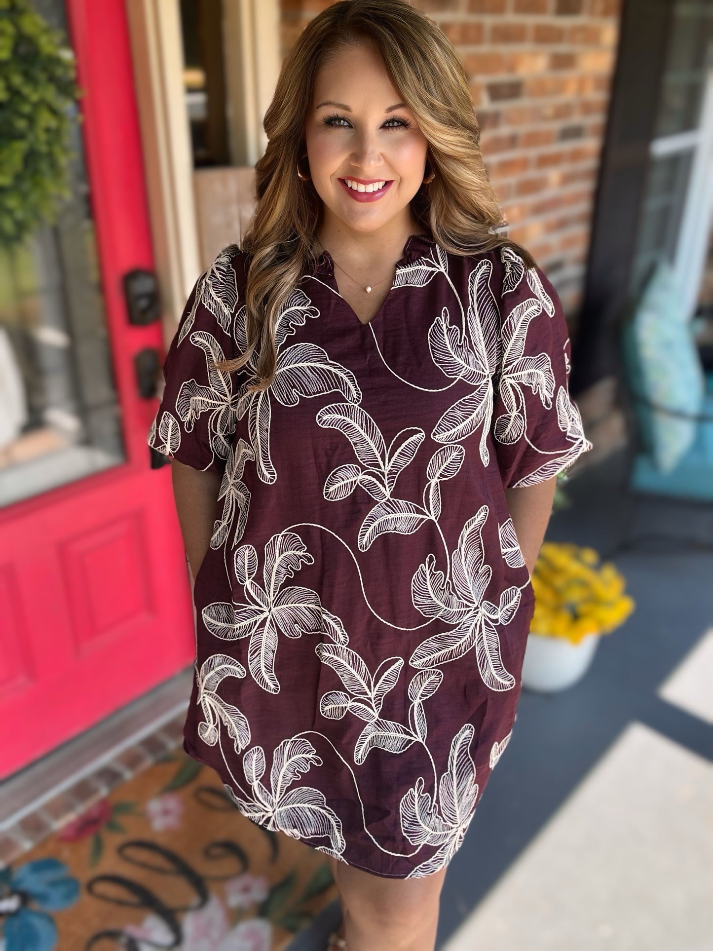 Burgundy Embroidered Puff Sleeve Dress