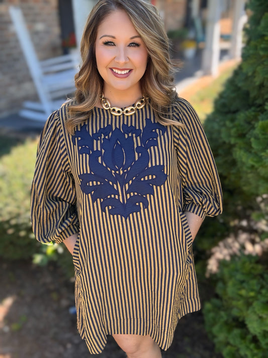 Umgee Navy Striped Floral Embroidery Shift Dress