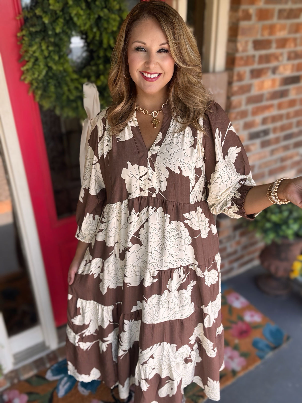 Umgee Brown Floral Tiered Maxi Dress with Ruffle Collar