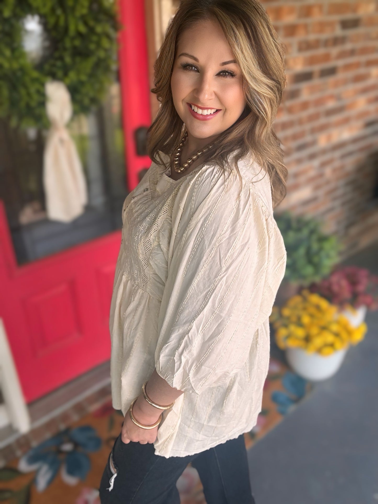 Ivory EYELET LACE GUAZE BABYDOLL TUNIC Top