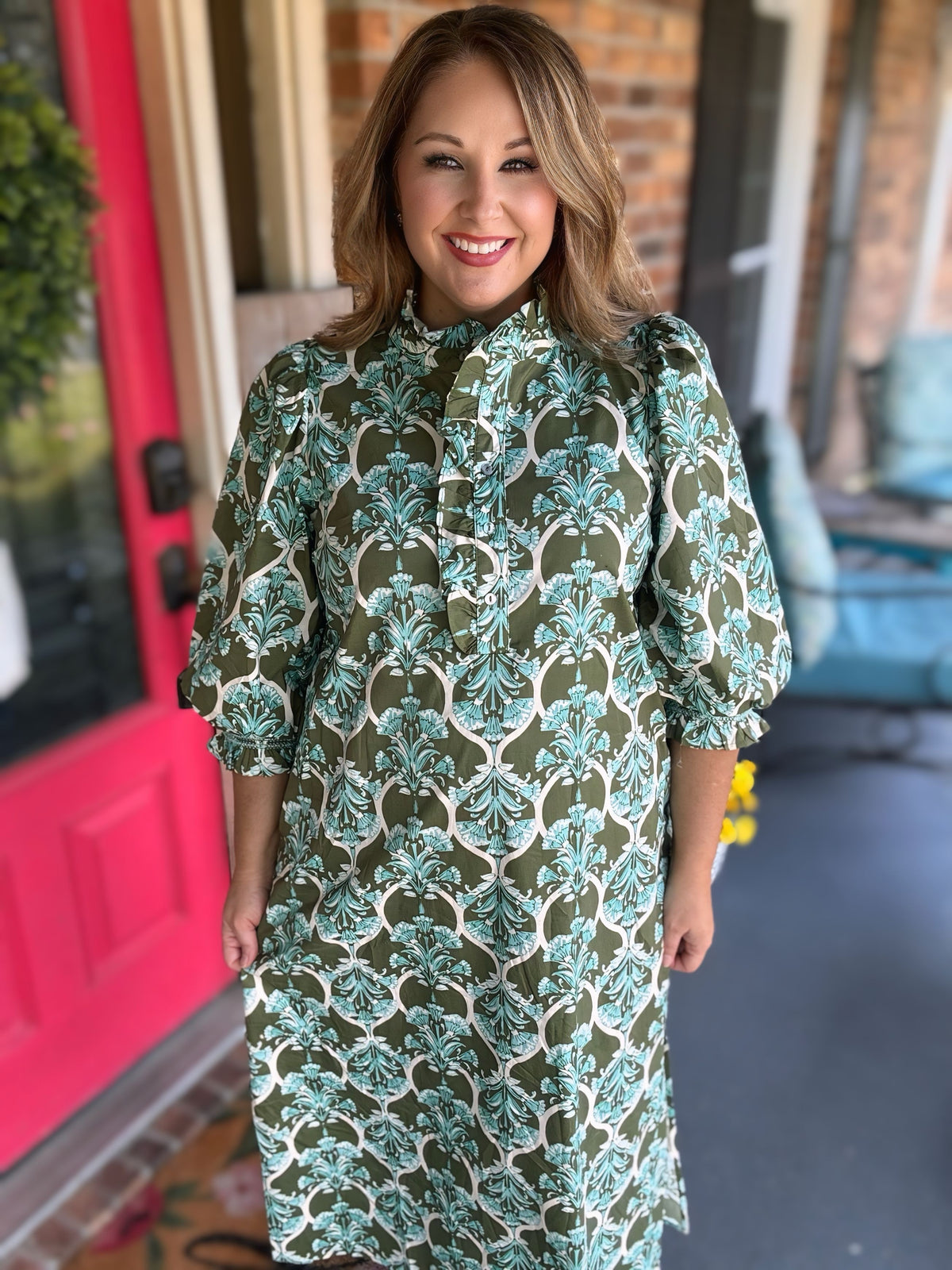 Entro Olive & Aqua Printed Balloon Sleeve Midi Dress